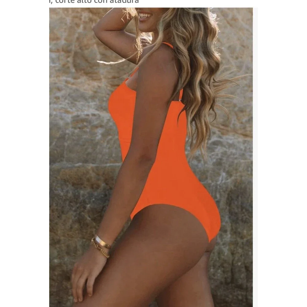 Women's Orange Solid Bandeau One Piece Swimsuit Cutout Tie Front Straps, L
